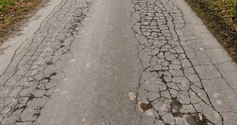 A cracked asphalt road leading through a barren winter landscape with trees on either side.