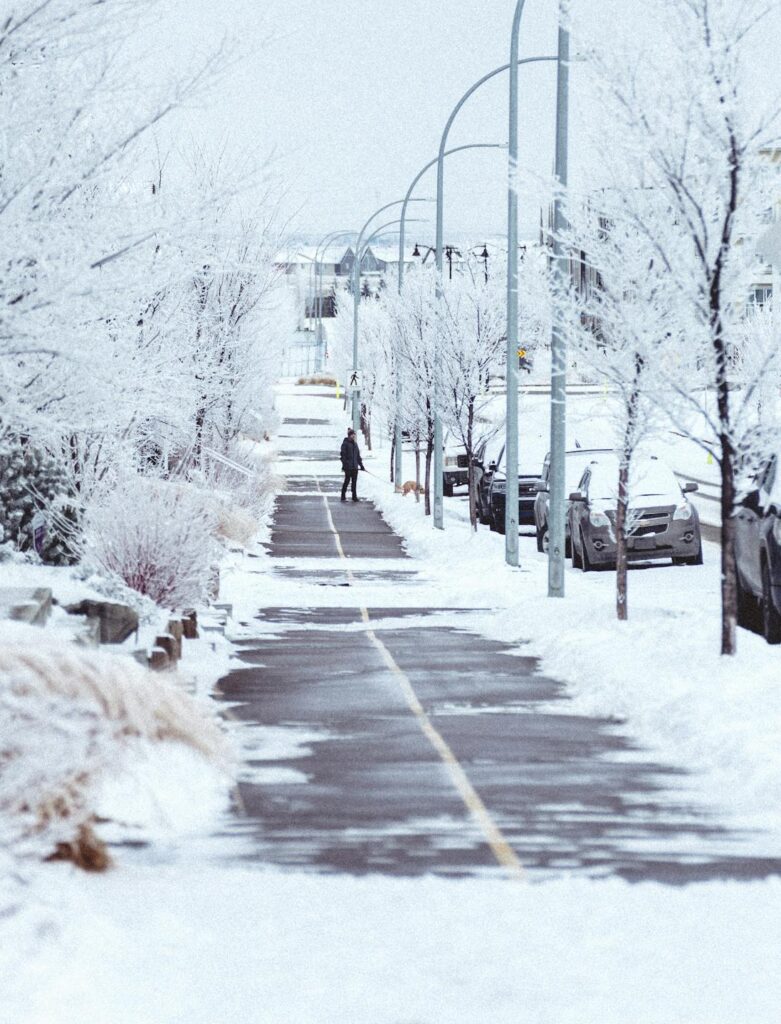 A serene winter cityscape featuring a snow-covered street lined with frosty trees and parked cars, with one person walking.